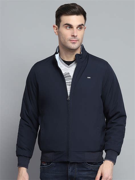 Buy Men Navy Blue Solid Mock Neck Full Sleeve Jacket Online in India ...