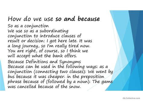 Conjunction: So and Because grammar…: English ESL powerpoints