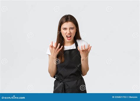 Grocery Store Employees, Small Business and Coffee Shops Concept. Mad Saleswoman Complaining on ...