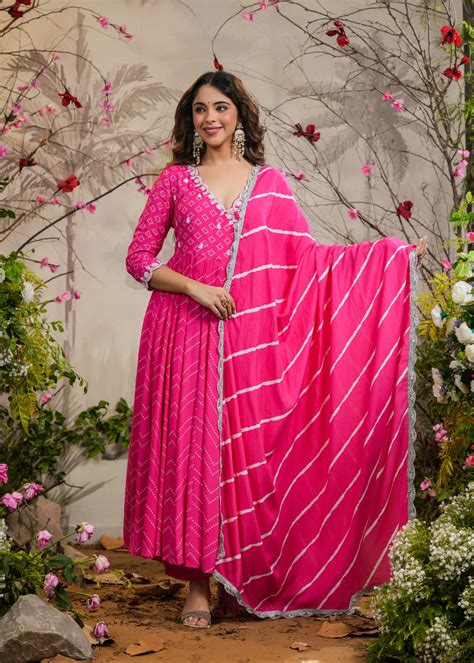 Nisa Pink Bandhej Angrakha Kurti With Pant & Dupatta – EverBloom