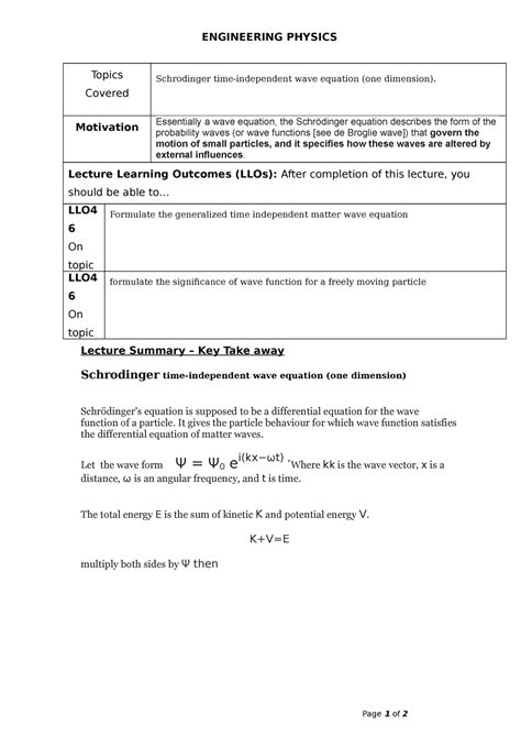 Schrodinger wave equation - ENGINEERING PHYSICS Topics Covered ...