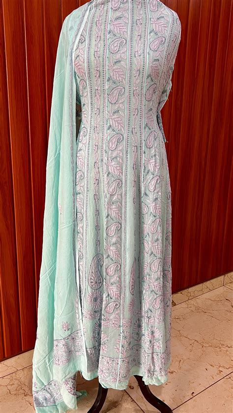 Firozi Resham Chikankari Embroidered Anarkali with Dupatta