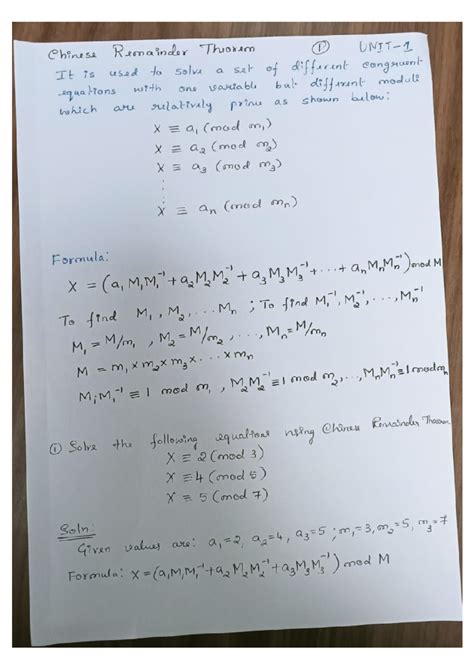 CRT(UNIT-1) - Notes of dsa - Chinese Remainder Theoreon 1 It is used to ...