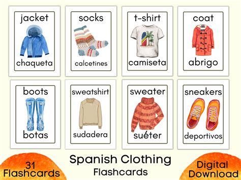 Spanish Clothing Flashcards Printable 31 Spanish Flashcards - Etsy