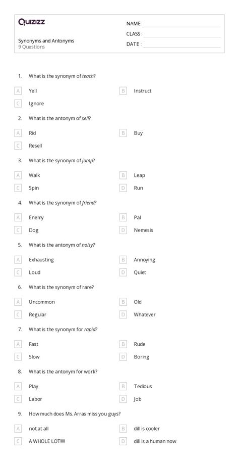 50+ Synonyms and Antonyms worksheets for 4th Class on Quizizz | Free ...