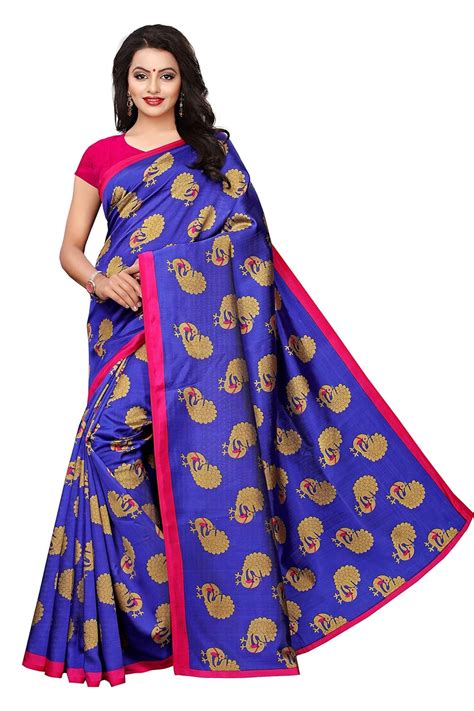 Buy NK Textiles Peacock Bird Butta Print Blue Kalamkari Art Silk Saree ...