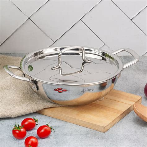Lifelong Triply Kadhai with Steel Lid - Stainless Steel 26 cm Kadhai w ...