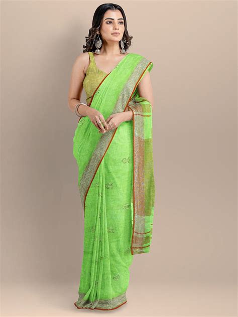 Green Color Woven Design Pure Linen Jamdani Handloom Saree – BharatSthali