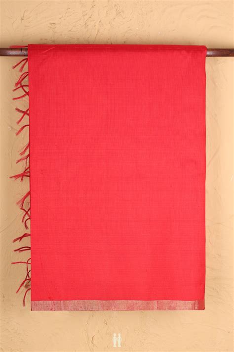 Raw Silk Saree In Plain Scarlet Red With Bavanchi Border