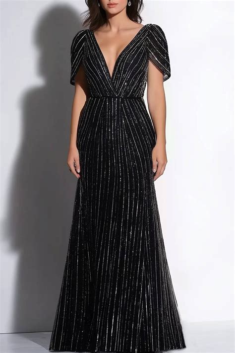 Evening Sequin Dress Black-Goldk V-Neck Sleeveless Floor-Length Gown ...