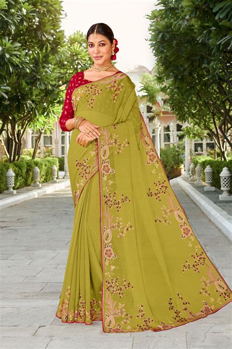 Laxmipati Falooda Floral Embroidered Chiffon Saree in Lime Green Color ...