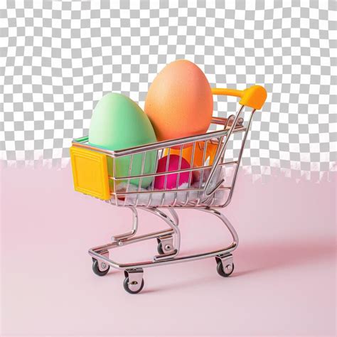 A shopping cart with eggs in it and a cart with a pink background ...