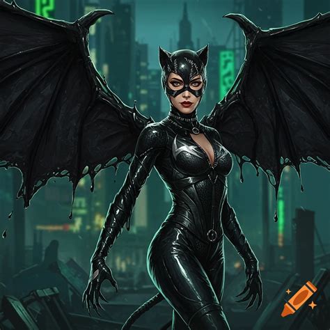 Catwoman in venom suit with slime wings on Craiyon