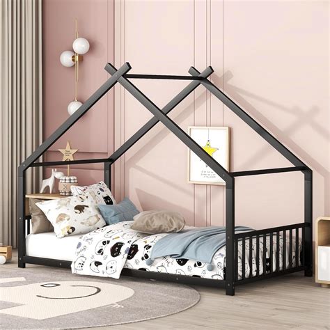 Amazon.com: Lakifun Twin Size Floor Bed Frame with Roof, Metal ...
