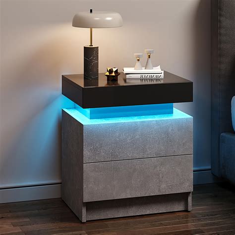 INMOZATA LED Nightstand with 2 Drawers, Modern Grey Bedside Table with ...