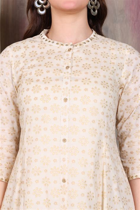 Buy Beige Foil Printed Zari Embellished Anarkali Cotton Kurta and ...