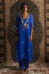 Buy Blue Organza, Modal, Satin Embroidery V-neck Hand Sheer Kurta Pant ...