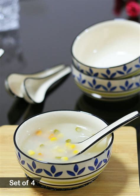 Get Hand Painted Blue & Yellow Ceramic Soup Bowls with Spoon - Set of 4 ...