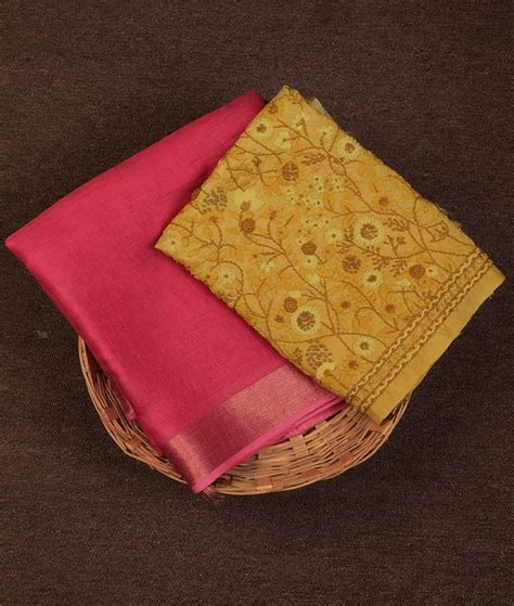 Buy Pink Handwoven Linen Saree T707653