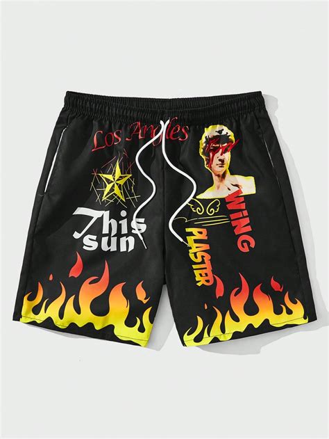 Guys Letter Fire & Figure Graphic Drawstring Waist Shorts