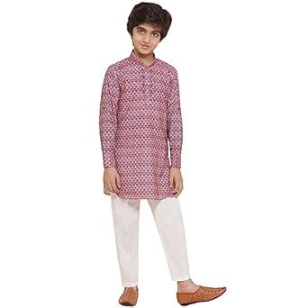 Buy AJ DEZINES Kids Pink Cotton Blend Printed Kurta Pyjama Set For Boys ...