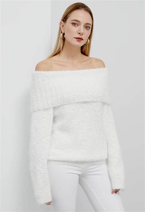 Folded Off-Shoulder Fuzzy Knit Sweater in White - Retro, Indie and ...