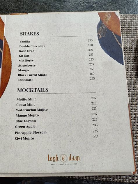 Menu at Tosh-e-daan, Hyderabad