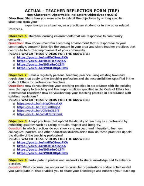 Actual TRF NCOIs Objectives 6-9: Teacher Practices & Reflection - Studocu