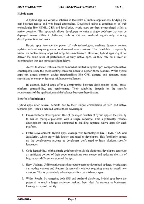 CCS332 App Development Unit 3 Hybrid app - Hybrid app: A hybrid app is ...