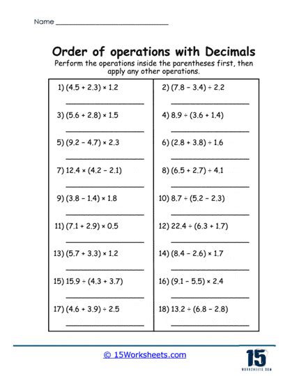 Image result for Order of Operations with Decimals Worksheet