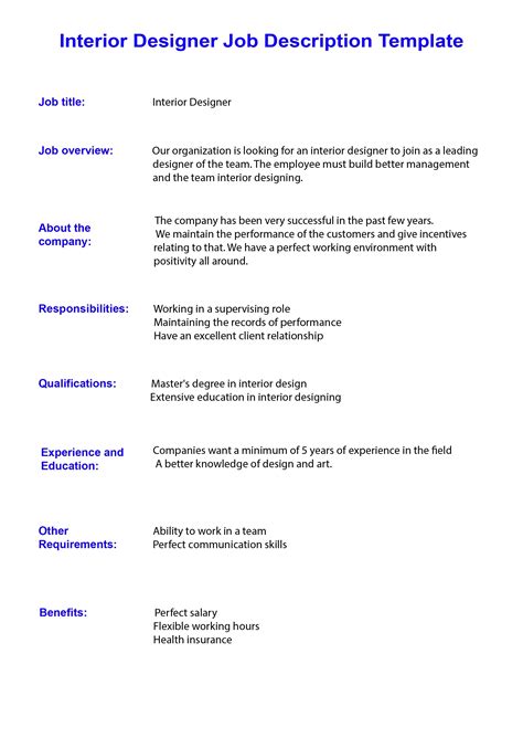 Template for Interior Designer Job Description 2025