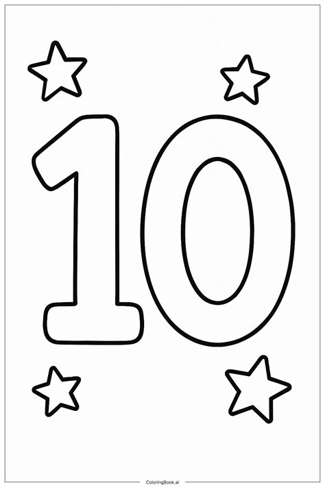 Simple Number Ten With Stars Coloring Page (Free PDF&PNG Printable)