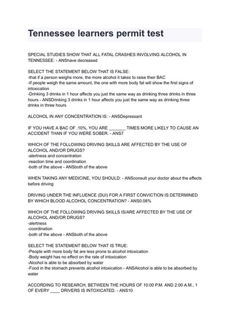 Tennessee learners permit test 2024/2025 A+ score assured (100% ...