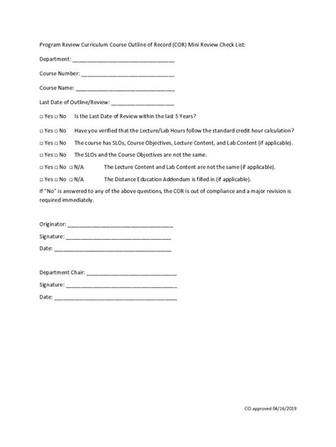Fillable Online Program Review Curriculum Course Outline of Record (COR ...
