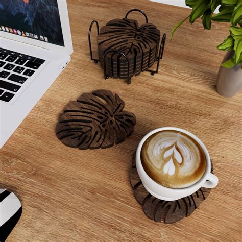 Picrazee Wooden Coaster Set of 6 with Wrought Iron Stand; Designer ...