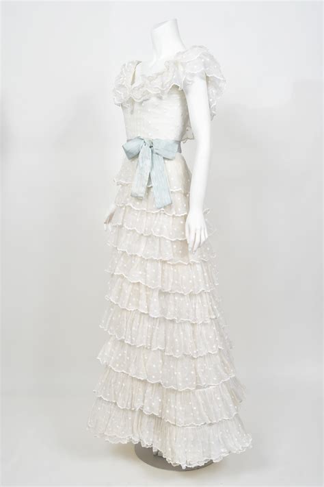 1978 Chanel Haute Couture White Eyelet Cotton Off-Shoulder Tiered Bridal Gown For Sale at 1stDibs