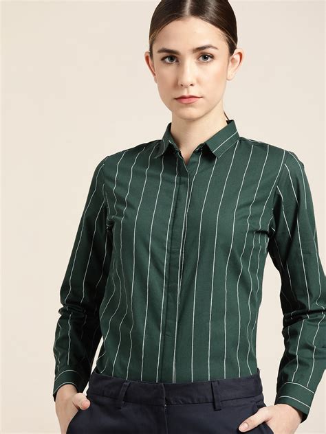 Hancock Women Bottle Green Striped Pure Cotton Slim Fit Formal Shirt