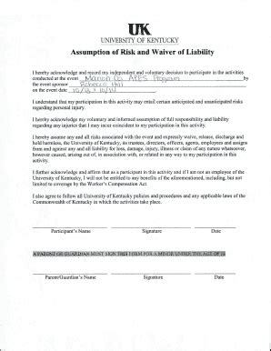 Fillable Online marion ca uky UNIVERSITY OF KENTUCKY Assumption of Risk ...