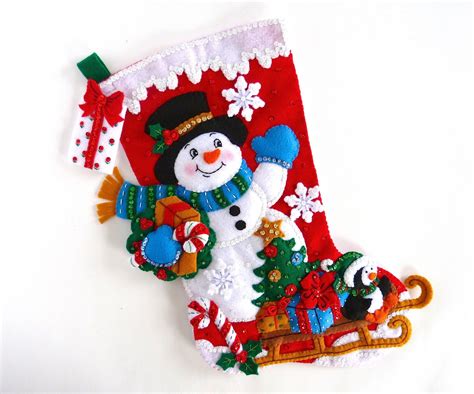 Bucilla Christmas Stocking Completed Snowman With Present Hand Sewn ...