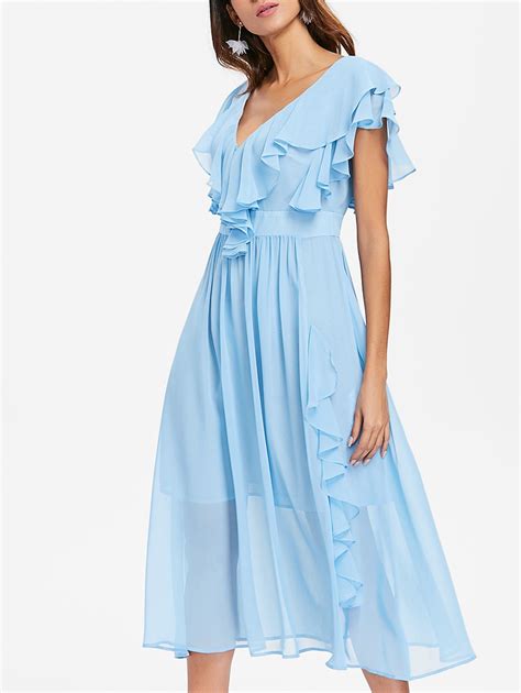 [26% OFF] Plunging Neckline Backless Ruffle Midi Prom Dress | Rosegal