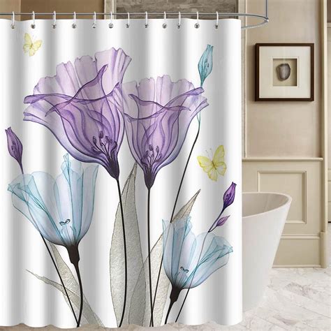 Spring Tulip Floral Shower Curtain Modern Art Butterfly Theme Blue and ...