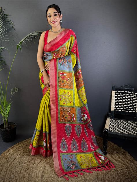 Olive Pure Viscose Kalalmkari Print Saree Online Vastranand