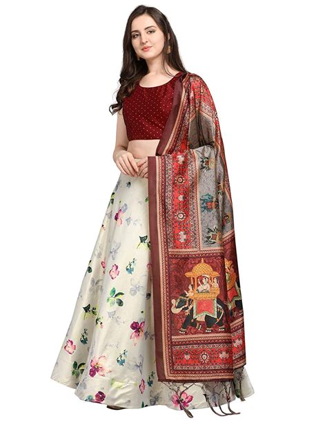 Women's White Satin Silk Semi Stitched Lehnga With Unstitched Blouse P ...