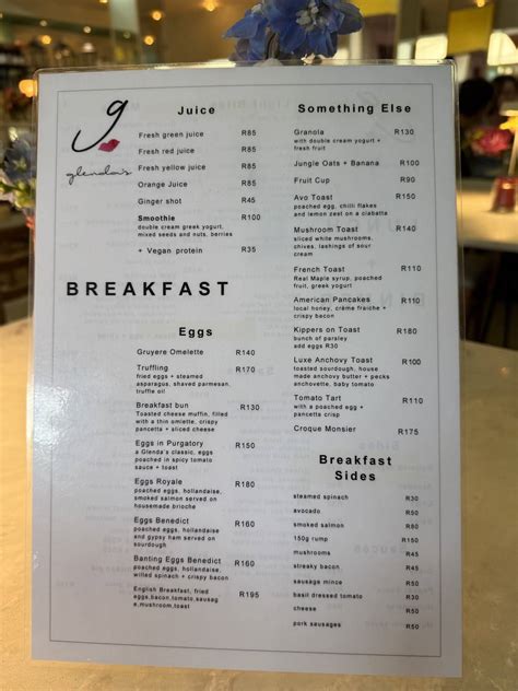Menu at Glenda's restaurant, Sandton
