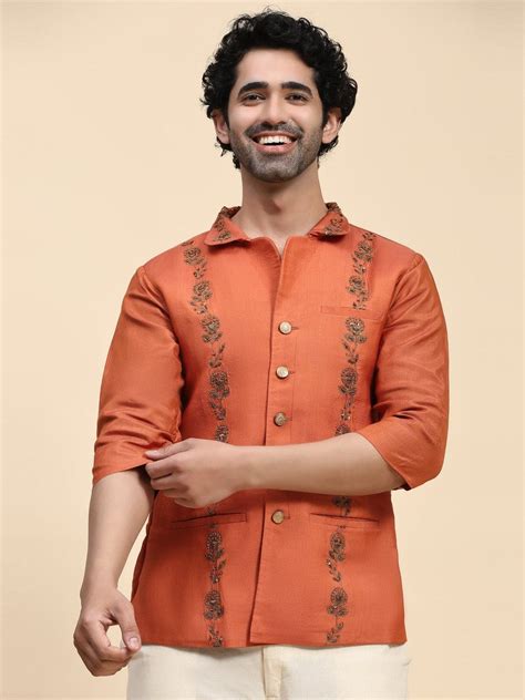 Aari Zardozi Katan Silk Jacket - Rust Orange Men Jacket – Charkha Tales