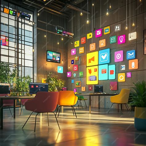 Creative Digital Marketing Workspace with Colorful Social Media Icons ...