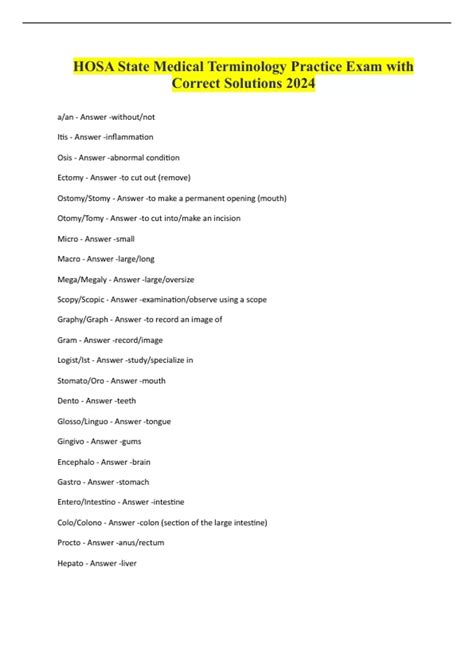 HOSA State Medical Terminology Practice Exam with Correct Solutions ...