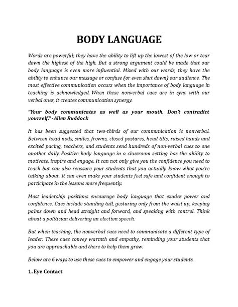 Body Language - BODY LANGUAGE Words are powerful; they have the ability ...