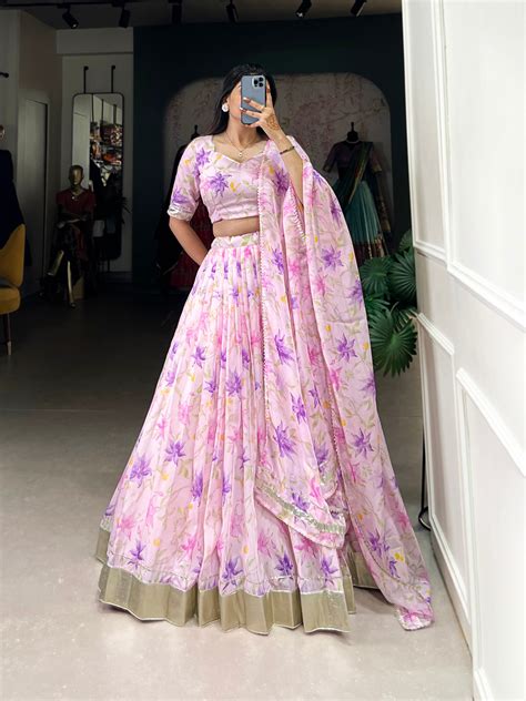 Baby Pink Color Floral Print With Lace Border Tabby Silk Lehenga Choli ...