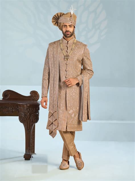 Royal Copper Dual-Pattern Embroidered Sherwani – Suvidha Fashion